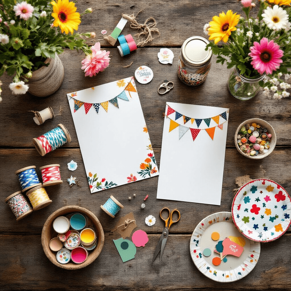 Throw an Unforgettable 10th Birthday Bash: The Ultimate Party Guide Flat lay of DIY party preparation elements on rustic wood, featuring printable invitations, handcrafted decorations, mason jars with party favors, colorful streamers, craft supplies, fresh flowers, budget-friendly plates, and ceramic bowls with small decorative items, all beautifully illuminated by natural midday sunlight.