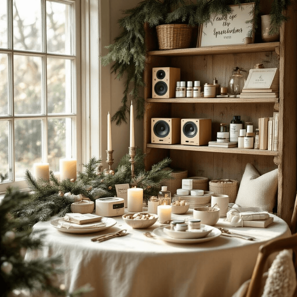 Hottest Christmas Gift Ideas for 2025: The Ultimate Buying Guide A cozy dining nook bathed in soft morning light, featuring a Christmas stocking stuffer party with vintage wooden shelves displaying mini speakers, skincare sets, and book accessories. Round tables dressed in cream linens hold small gift arrangements in glass bowls, complemented by fresh greenery and ivory candles. Personalized signage and DIY crafts add a warm, inviting touch to the atmosphere.