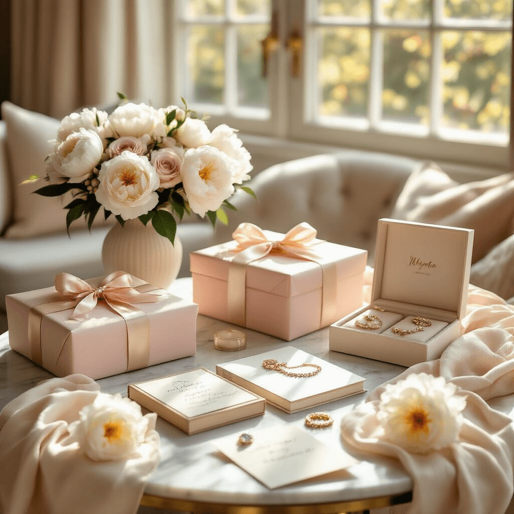 Top Birthday Gift Ideas for 2025: The Ultimate Gifting Guide Overhead view of a cozy living room birthday gift table featuring elegantly wrapped personalized gifts in blush pink and cream, custom memory books, birthstone jewelry, and fresh white peonies, all bathed in warm golden hour light.