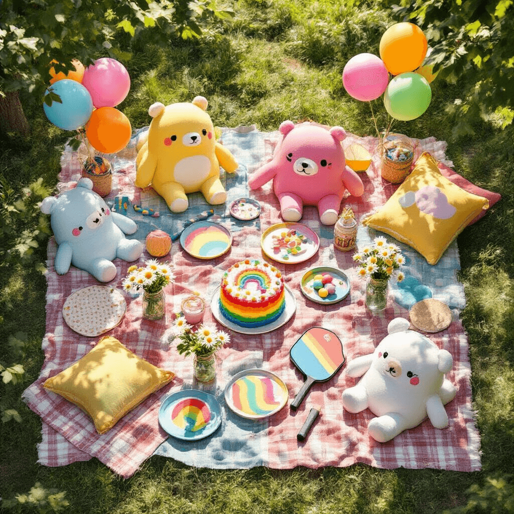 Top Birthday Gift Ideas for 2025: The Ultimate Gifting Guide Overhead view of a whimsical birthday party in a garden, featuring bold primary colors, Squishmallows, craft supplies, and pickleball paddles on picnic blankets. Bright balloons, streamers, and DIY decorations create a festive atmosphere, with ceramic plates of rainbow cake slices and mason jars of fresh daisies enhancing the joyful scene.