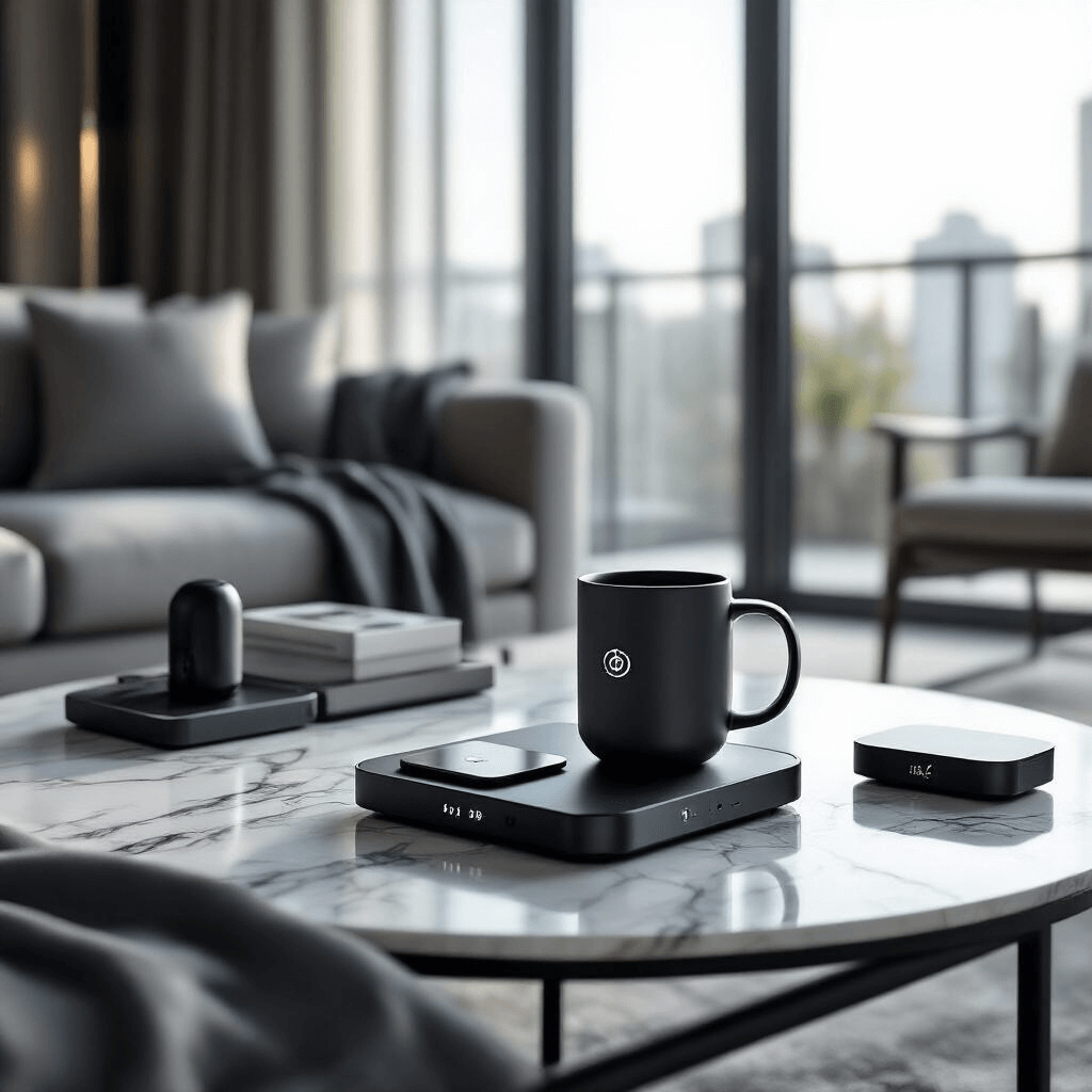 Awesome Boyfriend Gift Guide 2025: Gifts He'll Actually Love Elegant indoor apartment scene featuring a modern minimalist living room with a marble coffee table displaying a smart temperature control mug, wireless charging dock, and Bluetooth speakers, all in soft morning light. The setting showcases clean geometric lines and a monochrome palette of deep grays and whites with metallic accents.