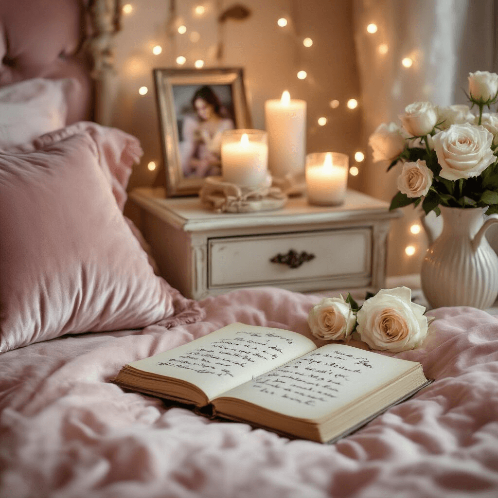 Awesome Boyfriend Gift Guide 2025: Gifts He'll Actually Love A cozy romantic bedroom nook adorned with soft candlelight, featuring a vintage nightstand holding a personalized photo collage and a handwritten journal, surrounded by blush pink and cream decor, velvet cushions, silk sheets, fresh white roses in ceramic vases, and sparkling fairy lights creating an intimate ambiance.