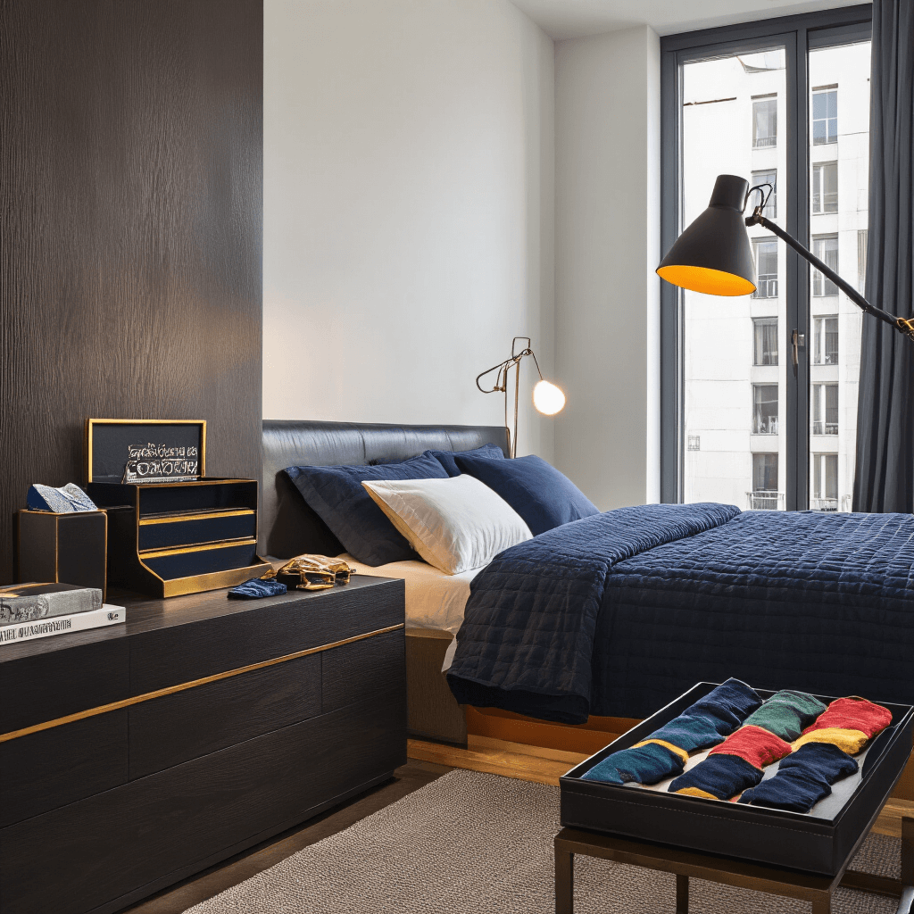 Awesome Boyfriend Gift Guide 2025: Gifts He'll Actually Love Stylish masculine bedroom featuring practical fashion gifts, including comfortable lounge slides, a sophisticated desk organizer, and quirky socks, all set against dark wood surfaces under moody evening lighting with a warm desk lamp, in a bold navy and gold color scheme with leather textures.