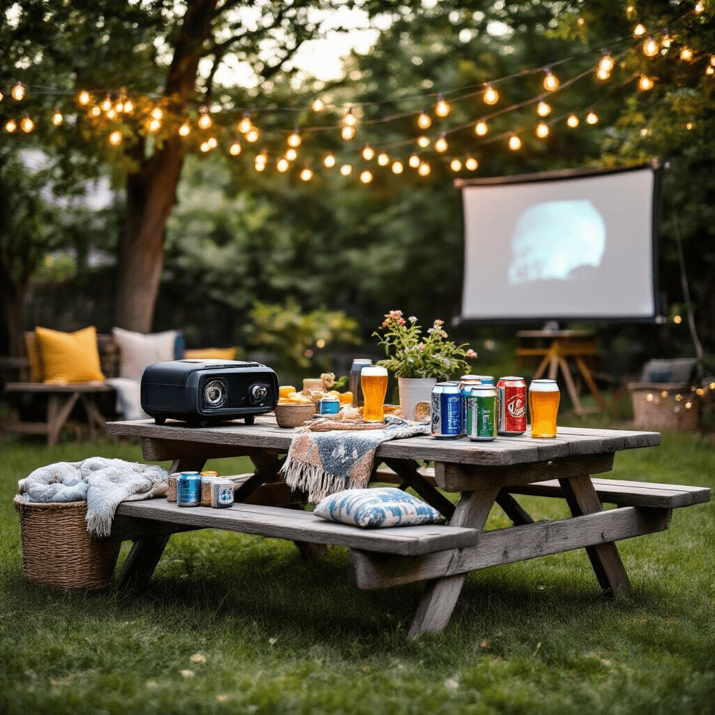 Awesome Boyfriend Gift Guide 2025: Gifts He'll Actually Love A casual backyard setting featuring a rustic picnic table adorned with unique gifts, a beer can draft converter, and a portable projector, with string lights illuminating the space as natural sunlight fades into a cozy evening atmosphere.
