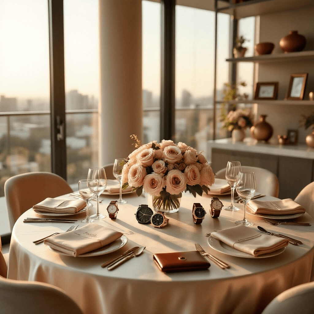 Best Anniversary Gift Ideas for Him: Personalized Presents That Wow Cinematic wide-angle shot of an elegant indoor anniversary celebration in a modern apartment, featuring a round dining table with silk ivory linens and vintage chronograph watches as centerpieces, surrounded by blush pink roses, with warm sunlight streaming through floor-to-ceiling windows and casting shadows on marble surfaces.