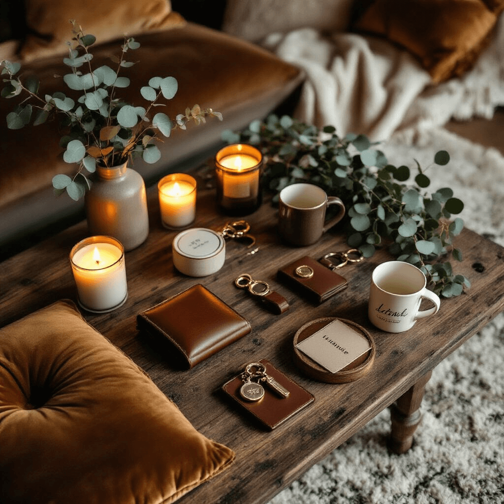 Best Anniversary Gift Ideas for Him: Personalized Presents That Wow Overhead view of a cozy living room anniversary gift display featuring premium leather accessories, custom keychains, and personalized mugs on a low wooden table, with velvet cushions and warm amber candlelight casting soft glows across gold and ivory textiles, accented by fresh eucalyptus sprigs.