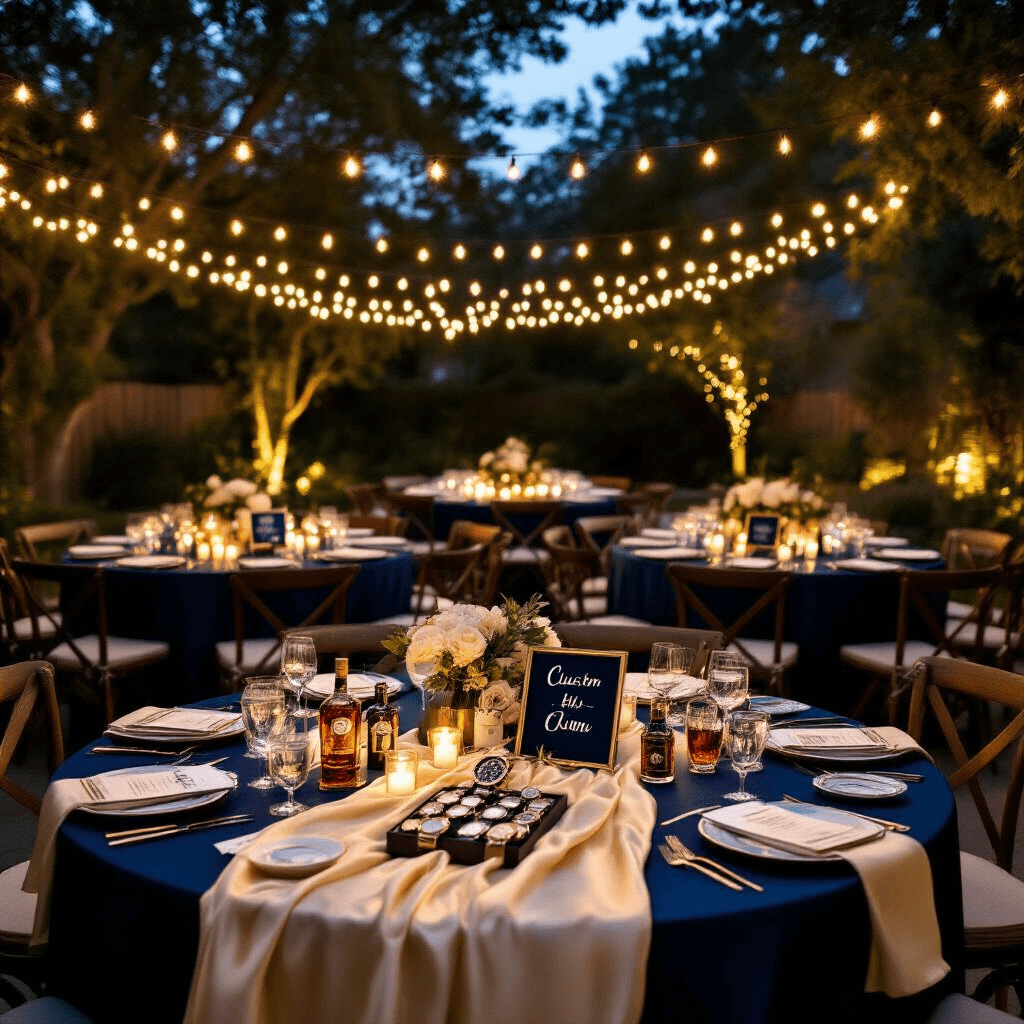 Best Anniversary Gift Ideas for Him: Personalized Presents That Wow A stylish backyard anniversary celebration at night, featuring cream silk runners on round tables with gifts like watches, whiskey sets, and custom items. String lights illuminate the space, enhancing the deep navy and gold palette with metallic accents. Personalized signage and photo displays add a romantic touch to the elegant yet relaxed atmosphere.