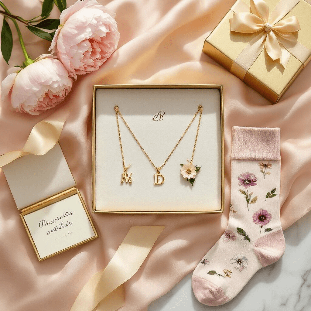 25 Best Friend Gift Ideas That Will Make Them Smile in 2025 Overhead flat lay of a personalized jewelry gift display featuring custom initial necklaces, birth flower jewelry, and photo socks on silk blush pink fabric, surrounded by gold gift boxes, handwritten notes, and fresh peonies, with gentle morning light and cream ribbon details.