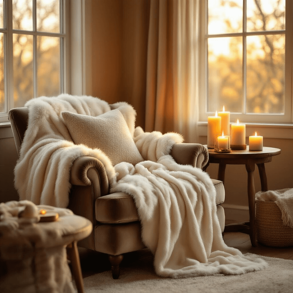 25 Best Friend Gift Ideas That Will Make Them Smile in 2025 Cozy living room corner with golden hour light, featuring a velvet armchair draped with a faux fur throw, flickering candles on a wooden side table, and a marshmallow wrap robe hanging nearby, all in warm amber and cream tones for a hygge atmosphere.