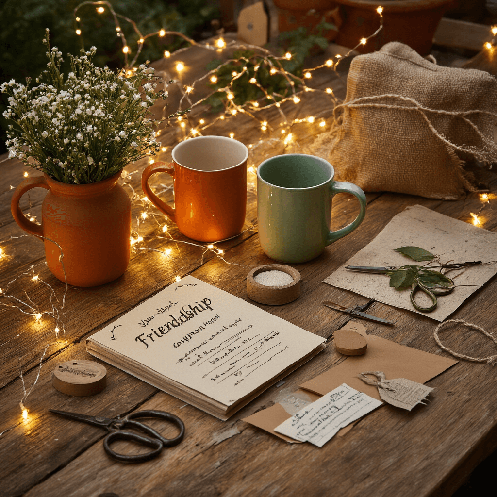 25 Best Friend Gift Ideas That Will Make Them Smile in 2025 Intimate dining nook featuring a rustic wood table adorned with a handmade friendship coupon book, painted mugs, and craft supplies. The scene is illuminated by warm fairy lights, showcasing a terracotta and sage color scheme with mason jar florals, vintage scissors, and artisanal paper scattered around.