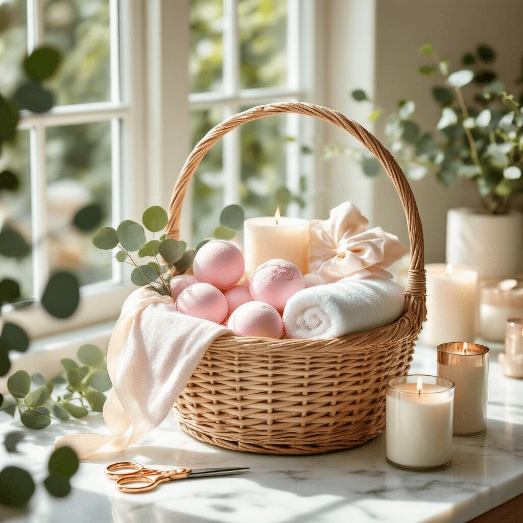 Ultimate Gift Basket Guide: Personalized Gifting in 2025 Overhead view of a luxury spa-themed gift basket filled with blush pink bath bombs, cream towels, and ivory candles on a marble countertop, accented by eucalyptus sprigs, rose gold scissors, and sheer ribbon in soft morning light.