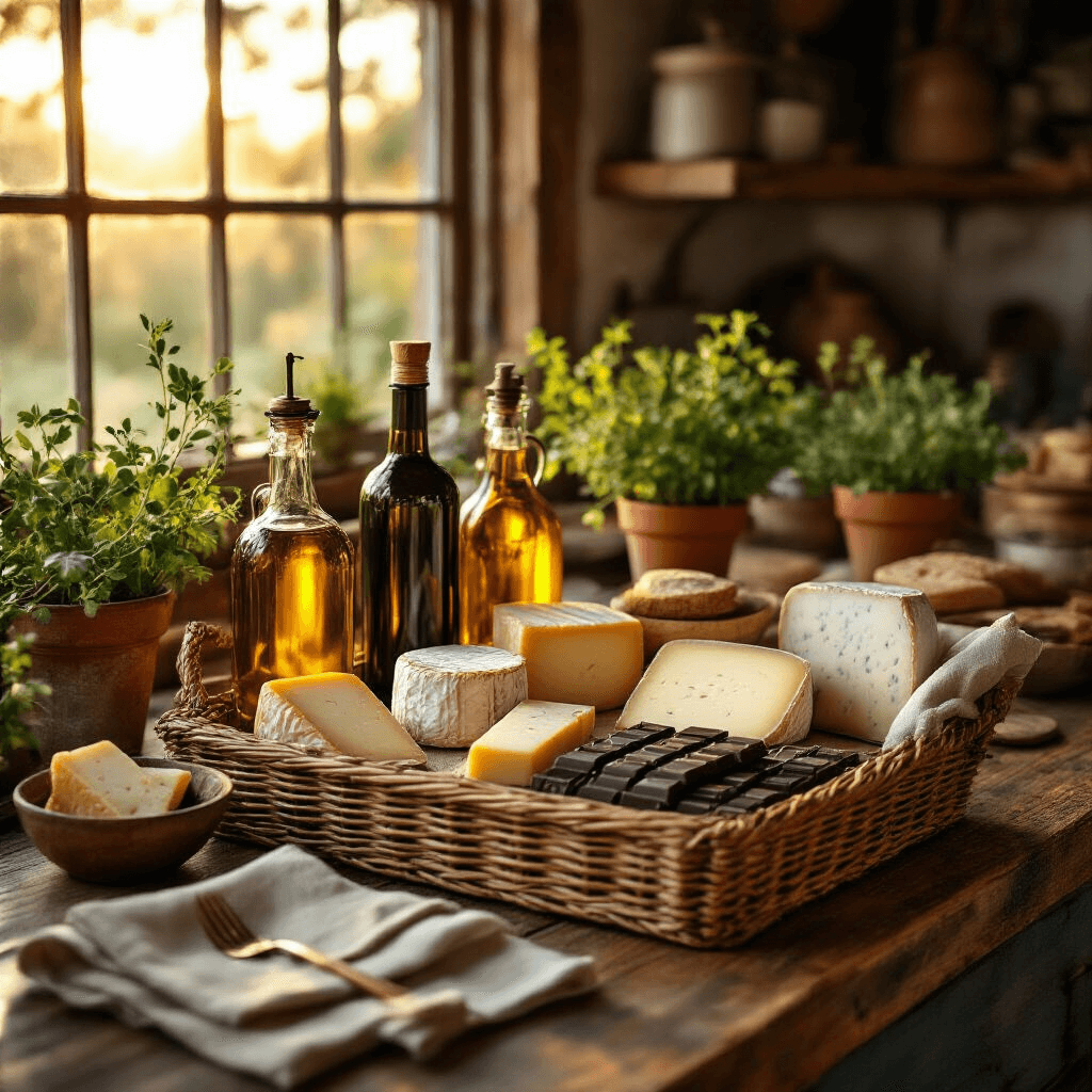 Ultimate Gift Basket Guide: Personalized Gifting in 2025 Cinematic wide-angle shot of a gourmet foodie basket in a rustic kitchen, featuring artisan cheeses, olive oil bottles, chocolate bars, and fresh herbs, all bathed in warm golden hour sunlight.