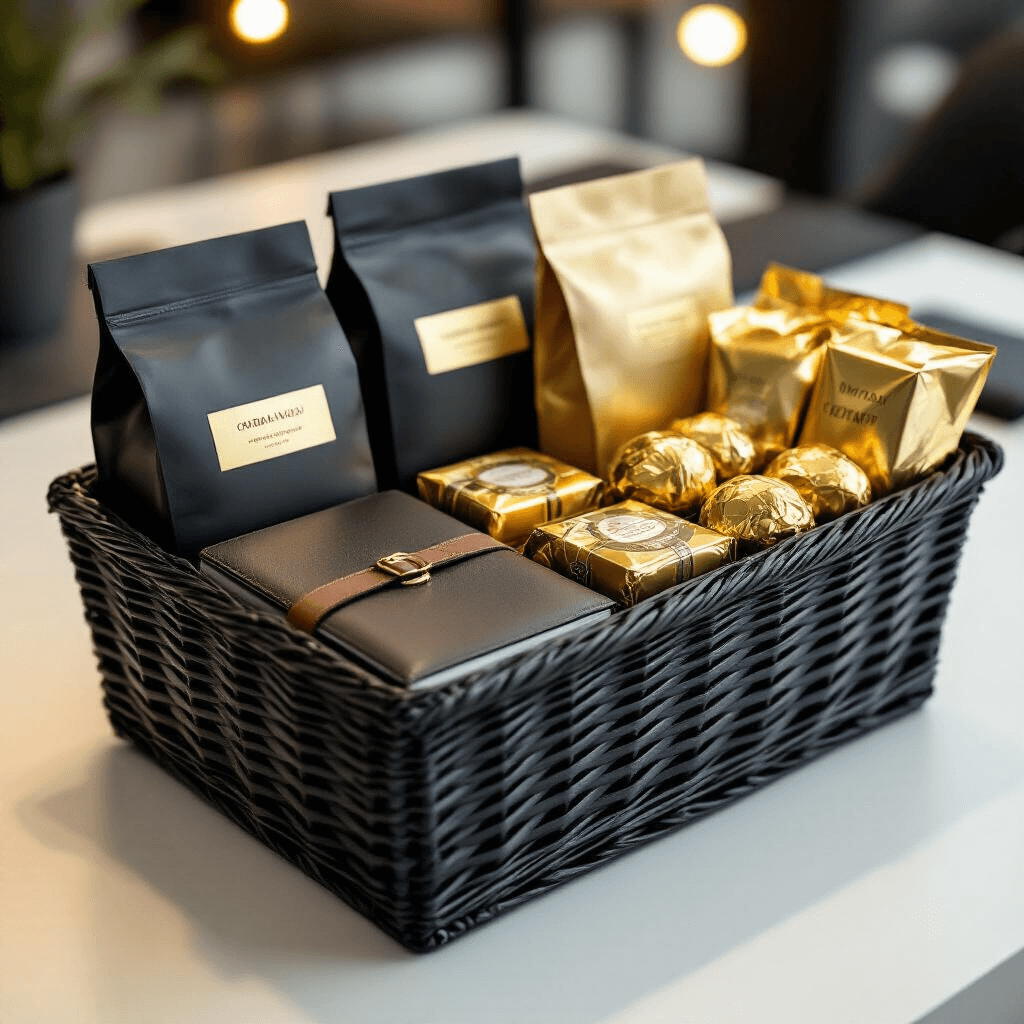Ultimate Gift Basket Guide: Personalized Gifting in 2025 Close-up of a corporate thank you basket on a sleek office desk, featuring premium coffee bags, leather-bound notebooks, and gold-wrapped gourmet snacks in a charcoal wicker basket, highlighted by soft LED lighting.