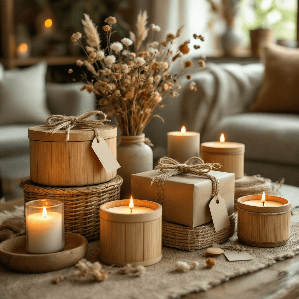 Ultimate Gift Basket Guide: Personalized Gifting in 2025 A cozy living room scene illuminated by warm amber candlelight, featuring a sustainable gift basket being assembled with eco-friendly bamboo containers, kraft paper, jute ribbons, and adorned with dried flowers and handwritten tags in earthy tones.