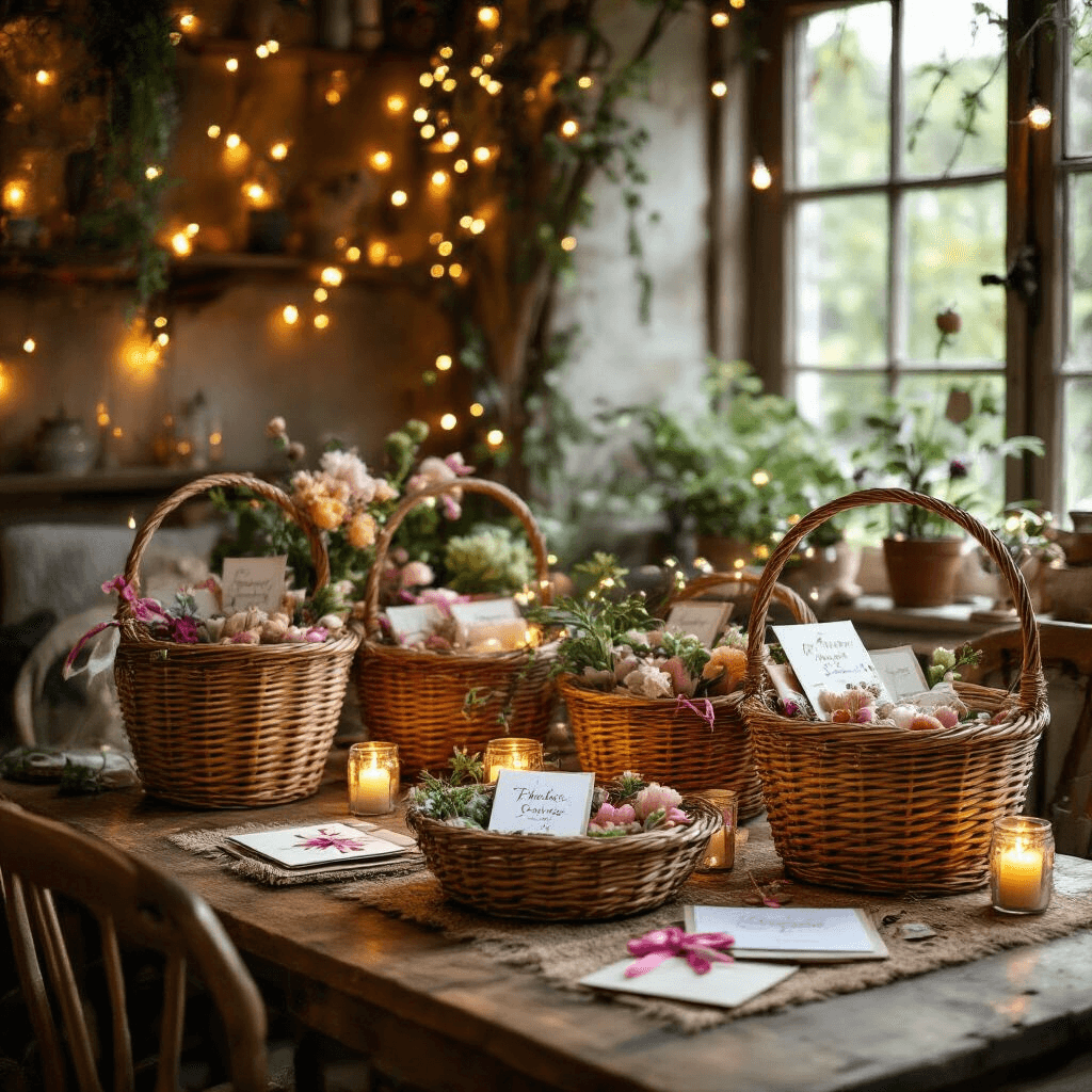 Ultimate Gift Basket Guide: Personalized Gifting in 2025 A cozy dining nook adorned with fairy lights, featuring a vintage wooden table set with multiple styled baskets, layered textiles, handmade cards, and colorful ribbons, creating a whimsical and inviting atmosphere for personalized gifting.