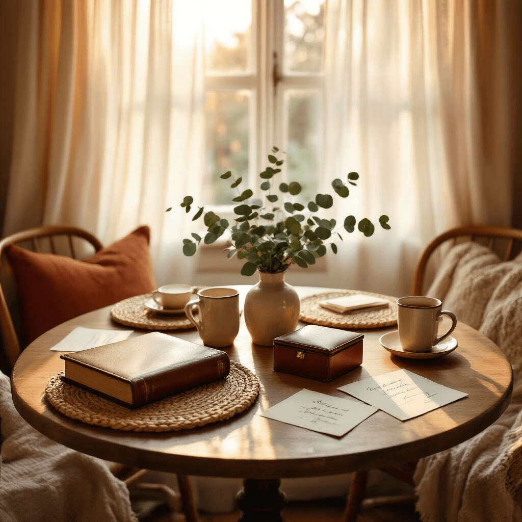 Best Boyfriend Gift Ideas in 2025: Ultimate Guide to Winning His Heart Intimate dining nook illuminated by golden hour light, featuring a round wooden table adorned with a leather-bound book, custom wallet, and vintage-style memory box. A fresh eucalyptus centerpiece and scattered handwritten notes complement the warm cream and terracotta color palette, while cozy textiles, woven placemats, and ceramic mugs enhance the romantic, candlelit ambiance.