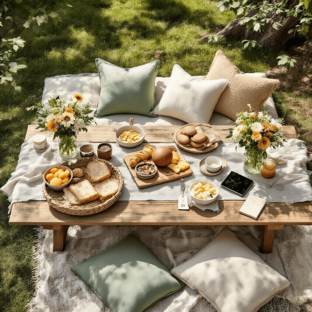 Best Boyfriend Gift Ideas in 2025: Ultimate Guide to Winning His Heart Overhead view of a chic backyard picnic setup featuring a low wooden table adorned with sage and cream floor cushions. Gourmet food, sports accessories, and tech gadgets are organized by category, complemented by natural sunlight, rustic wood, linen napkins, and fresh florals in mason jars. Personalized gifts and custom tags enhance the scene.