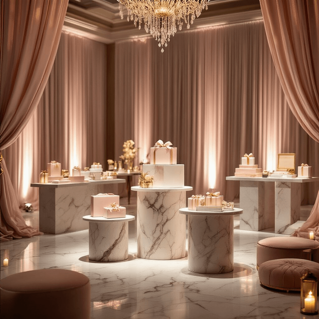 Best Boyfriend Gift Ideas in 2025: Ultimate Guide to Winning His Heart Cinematic shot of an elegant ballroom showcasing luxury gifts on tiered marble displays, adorned with blush pink and gold décor, soft fairy lights, and rich velvet cushions, creating a sophisticated atmosphere with warm glows and dramatic shadows.
