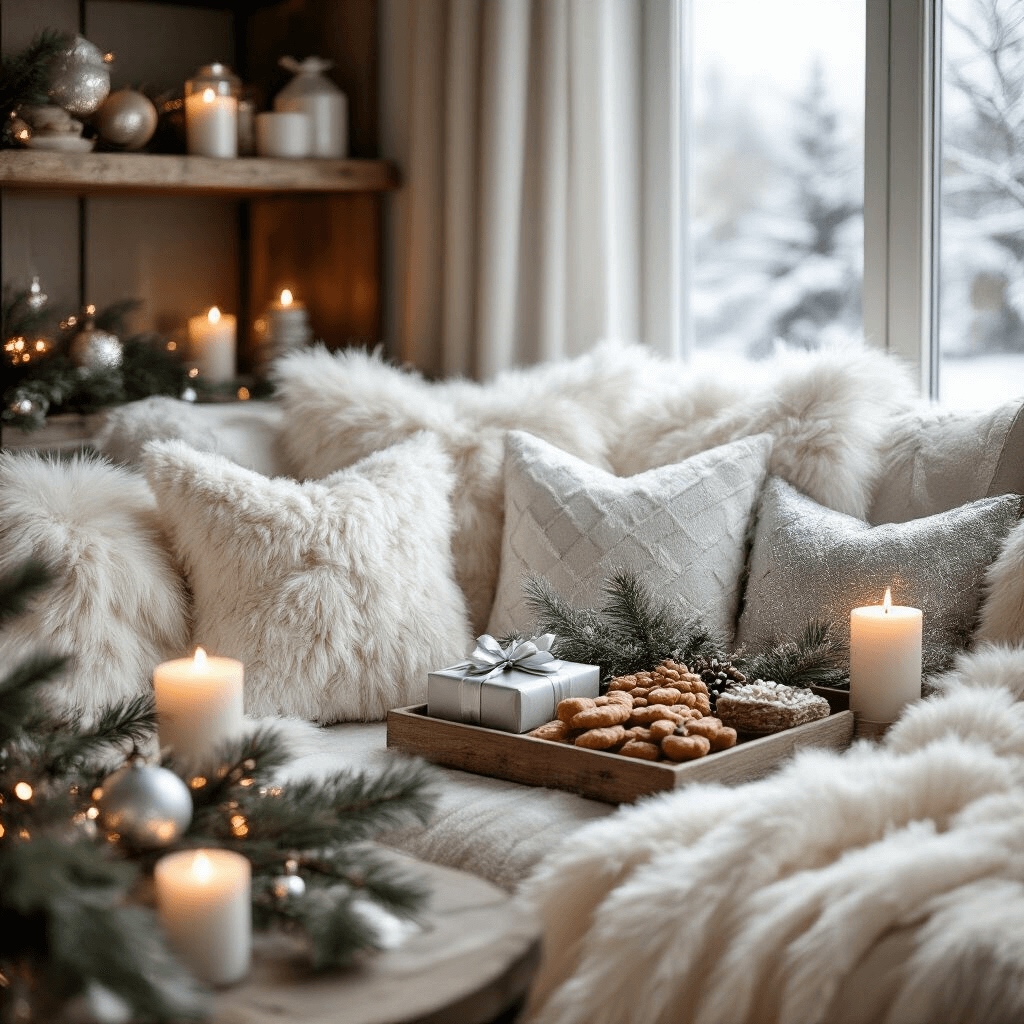 Best Boyfriend Gift Ideas in 2025: Ultimate Guide to Winning His Heart Close-up of a cozy living room corner featuring a winter gift arrangement, plush ivory and silver textiles, faux fur throws, and wooden accents. Portable gadgets and personalized decor sit alongside gourmet treats on rustic shelves, illuminated by soft candlelight. Snow gently falls outside the window, with evergreen sprigs and metallic gift wrap adding a festive touch.