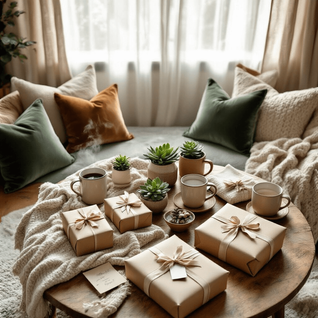 Top Secret Santa Gifts: The Ultimate Guide to Memorable Presents in 2025 Overhead view of a cozy holiday gift exchange in a living room with soft morning light, featuring a low wooden coffee table surrounded by sage and cream velvet cushions, displaying kraft-wrapped gifts with personalized ribbons, steaming mugs, small succulents, and handwritten notes, with layered chunky knit throws and linen napkins on rustic wood surfaces.