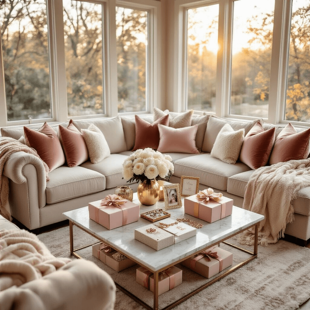 25 Best Friend Birthday Gift Ideas That'll Make Them Laugh, Cry, and Love You More Intimate birthday celebration in a cozy living room with warm golden hour light, featuring a blush pink sectional sofa, marble coffee table with personalized gifts, handmade jewelry, fresh peonies, and elegant decor.