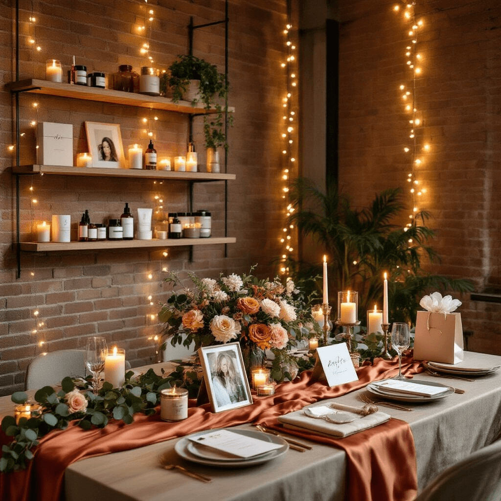 25 Best Friend Birthday Gift Ideas That'll Make Them Laugh, Cry, and Love You More A modern apartment decorated for a birthday party, featuring a dining table with terracotta and sage silk linens, a DIY photo collage centerpiece, personalized place cards, and fresh eucalyptus garlands, all illuminated by soft ambient light from fairy lights on exposed brick walls.