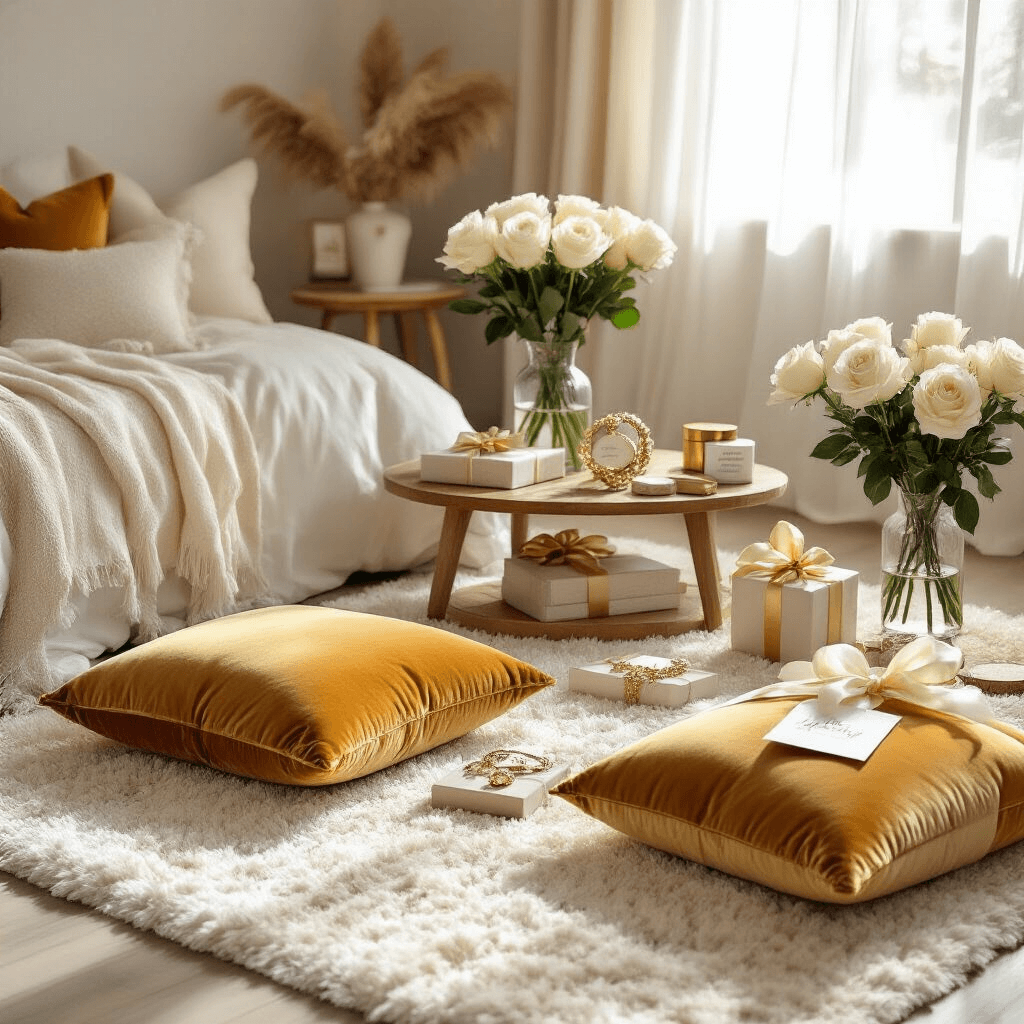 25 Best Friend Birthday Gift Ideas That'll Make Them Laugh, Cry, and Love You More Cozy bedroom corner with velvet cushions, wooden table displaying gift vouchers and jewelry, fresh roses, silk ribbons, and sentimental notes, illuminated by soft morning light.