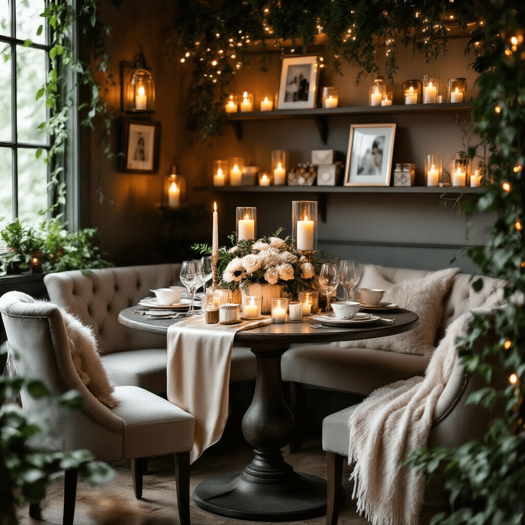 25 Best Friend Birthday Gift Ideas That'll Make Them Laugh, Cry, and Love You More Intimate birthday dining nook with moody candlelit atmosphere, featuring a round pedestal table draped in silk, centerpiece of comfort gifts and beauty treats, upholstered chairs with cashmere throws, floating candles, custom photo displays, fairy lights, and fresh greenery.