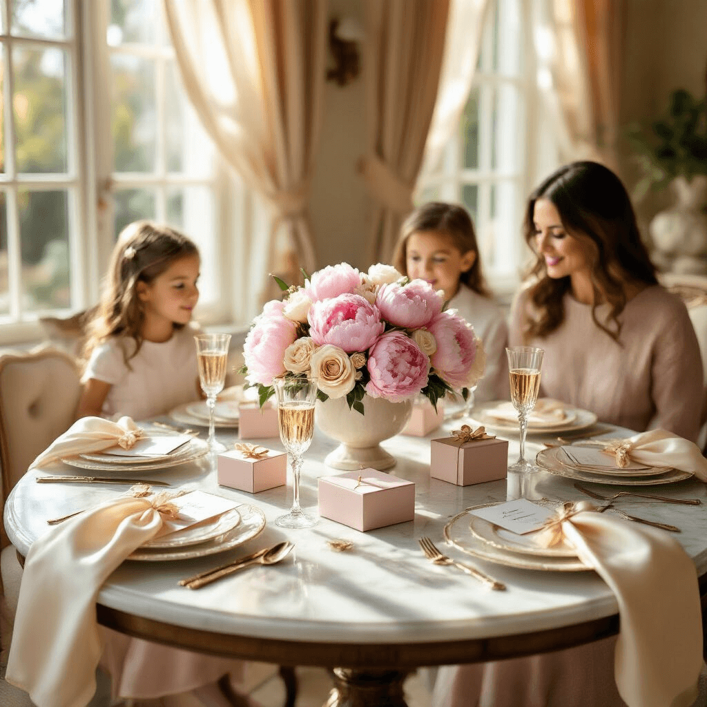 The Ultimate Mother's Day Gift Guide: Thoughtful Presents That Will Make Her Smile Elegant Mother's Day brunch setup featuring a round marble table with blush pink peonies and cream roses, personalized jewelry gift boxes, delicate china, silk napkins, crystal champagne flutes, and handwritten cards, all bathed in warm natural light.