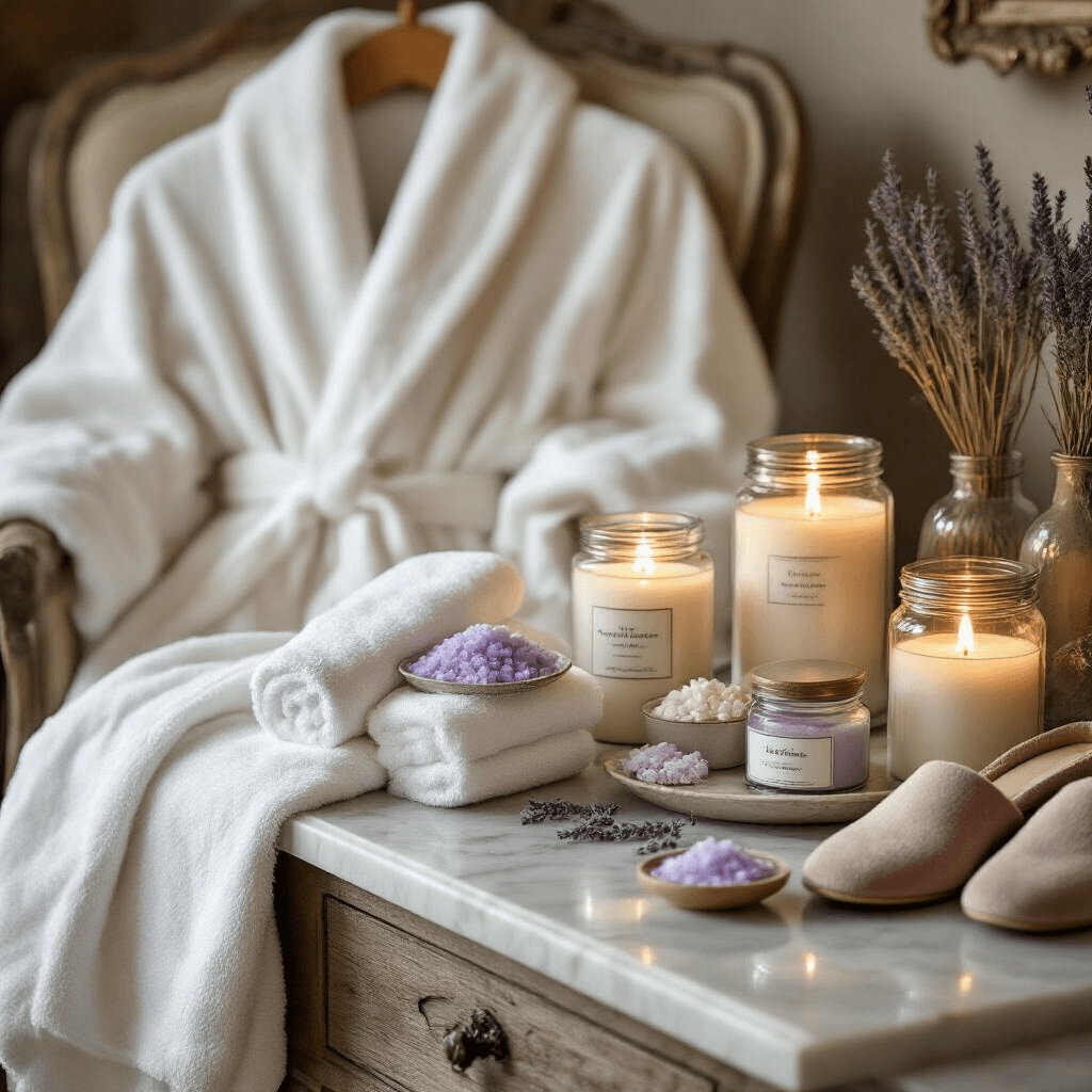 The Ultimate Mother's Day Gift Guide: Thoughtful Presents That Will Make Her Smile Luxurious spa gift display featuring plush white bathrobes on a vintage chair, aromatherapy candles casting a soft glow, lavender bath salts in mason jars, and silk eye masks and velvet slippers arranged on a marble countertop, complemented by a terracotta and sage color palette with dried eucalyptus.