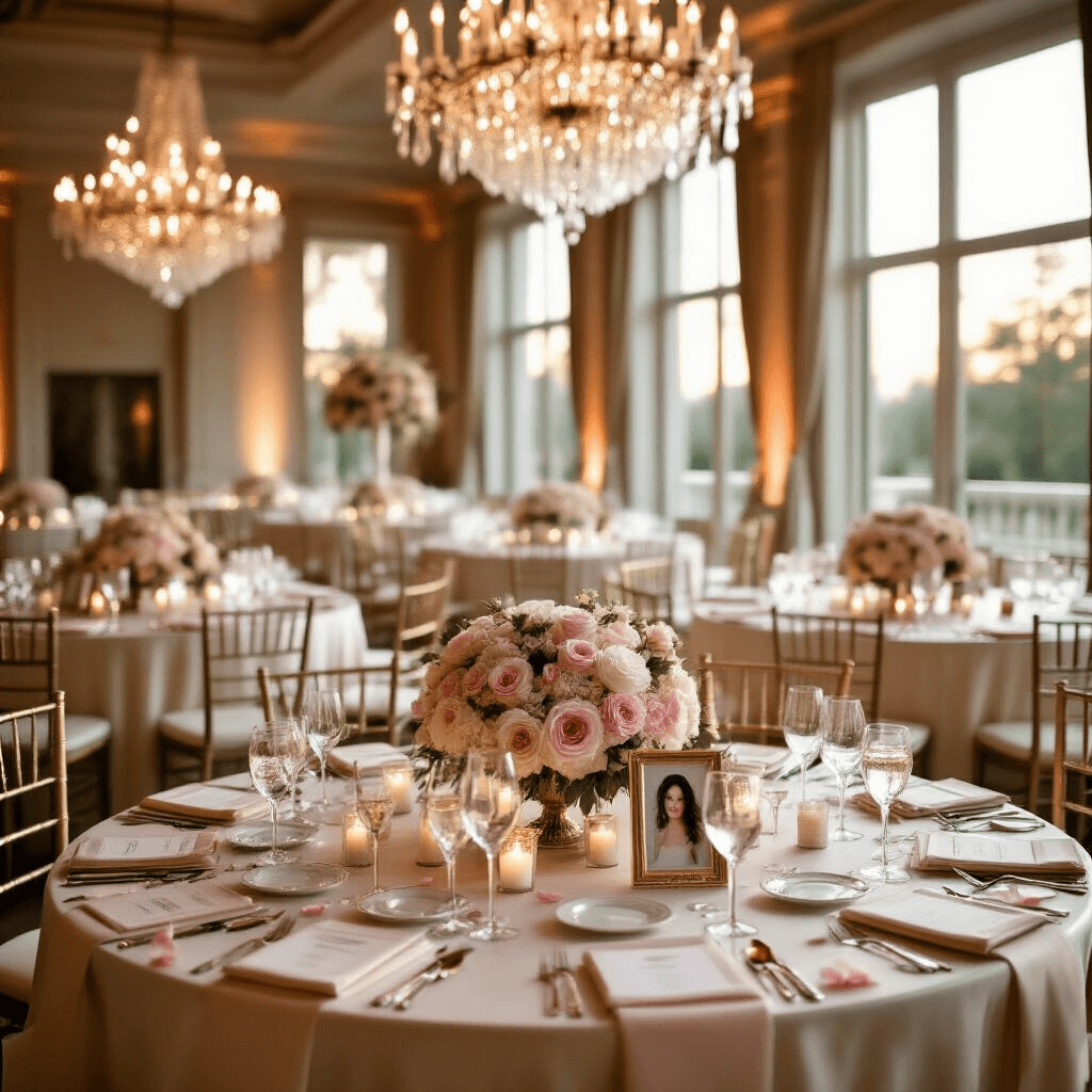 Ultimate Wedding Gift Guide for 2025: Thoughtful Presents That Wow Newlyweds A romantic indoor wedding reception in an elegant ballroom, showcasing round tables with ivory silk linens and blush pink floral centerpieces, illuminated by golden hour light filtering through tall windows, with personalized keepsake displays, monogrammed wine glasses, and delicate rose petals scattered on marble surfaces.