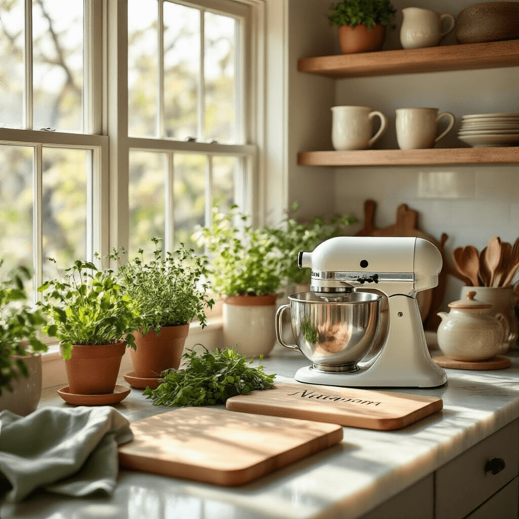 Ultimate Wedding Gift Guide for 2025: Thoughtful Presents That Wow Newlyweds A cozy kitchen scene with soft morning sunlight, featuring a stand mixer, monogrammed cutting boards, fresh herbs in ceramic pots, sage green silk tea towels, terracotta pottery, rustic wood shelving with personalized mugs, and engraved utensils, all arranged beautifully on marble countertops.