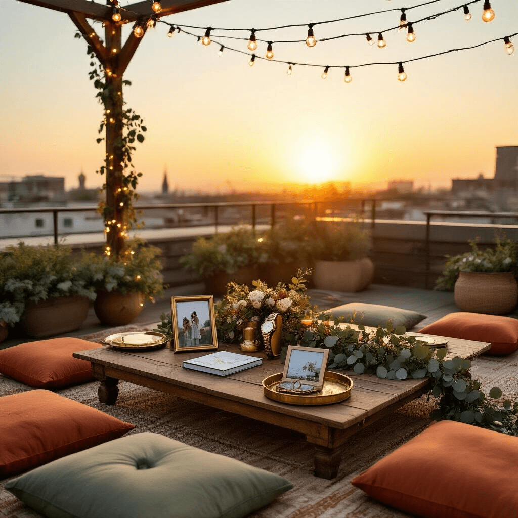 Top 1-Year Anniversary Gift Ideas for Him: Meaningful, Personal, and Unforgettable An elegant rooftop terrace set for an anniversary celebration, featuring a low wooden table with terracotta and sage floor cushions, personalized photo books and engraved watches on vintage brass trays, warm fairy lights overhead, and fresh eucalyptus garlands, all illuminated by soft sunset lighting in honey-gold hues.