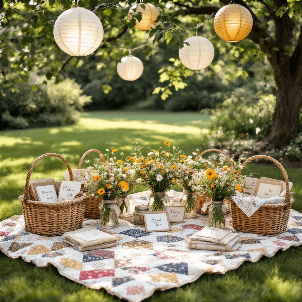 Top 1-Year Anniversary Gift Ideas for Him: Meaningful, Personal, and Unforgettable A whimsical garden anniversary party featuring picnic-style arrangements on a manicured lawn, with vintage quilts, wicker baskets filled with memory jars, and handwritten letters. Paper lanterns in ivory and gold hang from tree branches, while fresh wildflower centerpieces in mason jars adorn the space. Soft morning light casts dappled shadows through the leaves, and DIY custom playlist cards are artfully scattered, all captured from an overhead flat lay perspective.