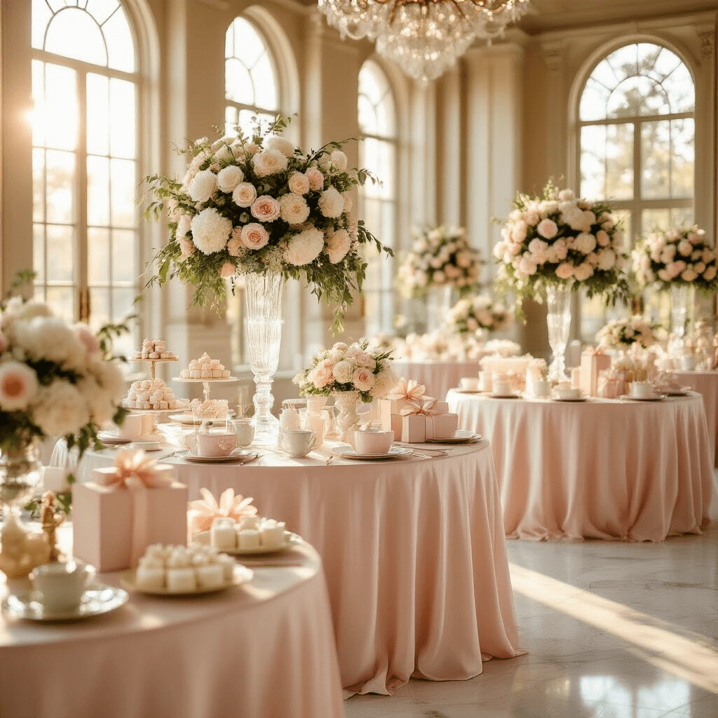 Unforgettable Baby Shower Gift Ideas: The Ultimate Guide to Delighting New Parents A beautifully decorated indoor ballroom for a baby shower, featuring round tables with blush pink silk linens, floral centerpieces of white peonies and eucalyptus, and soft sunlight illuminating the marble floors.