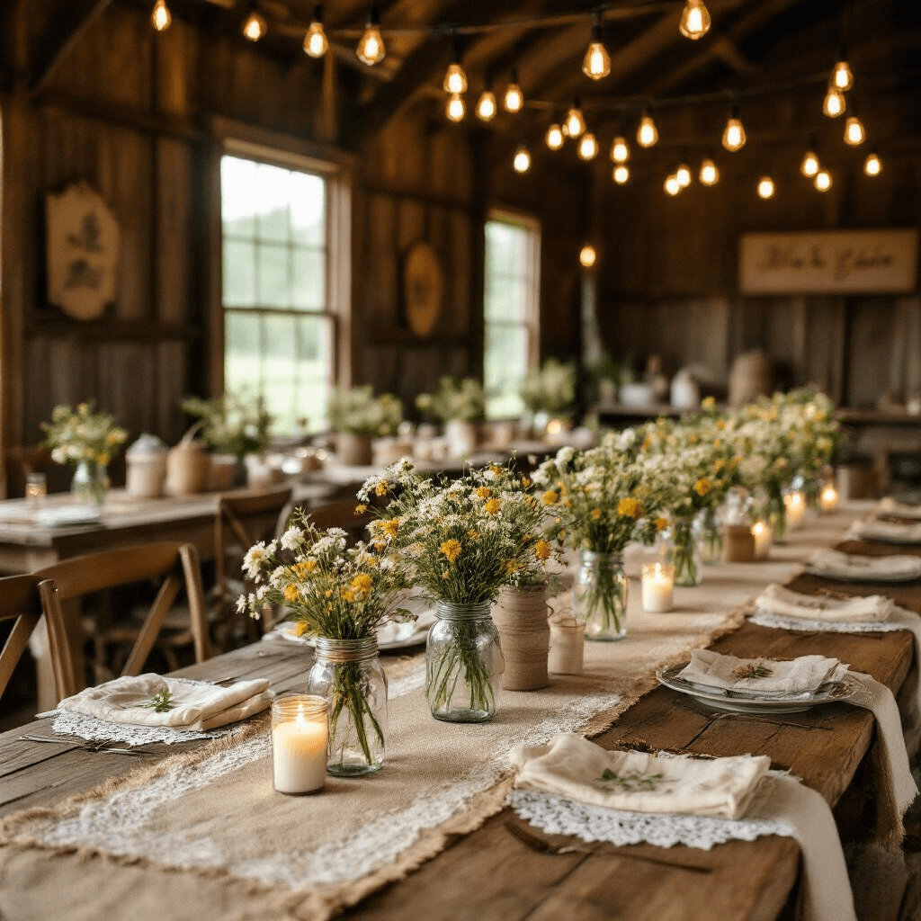Unforgettable Baby Shower Gift Ideas: The Ultimate Guide to Delighting New Parents Cinematic shot of a rustic barn baby shower with cozy dining setup featuring long wooden tables adorned with burlap runners, vintage lace doilies, and wildflower-filled mason jar centerpieces, all under warm candlelight and string lights, creating a nostalgic and heartwarming atmosphere.