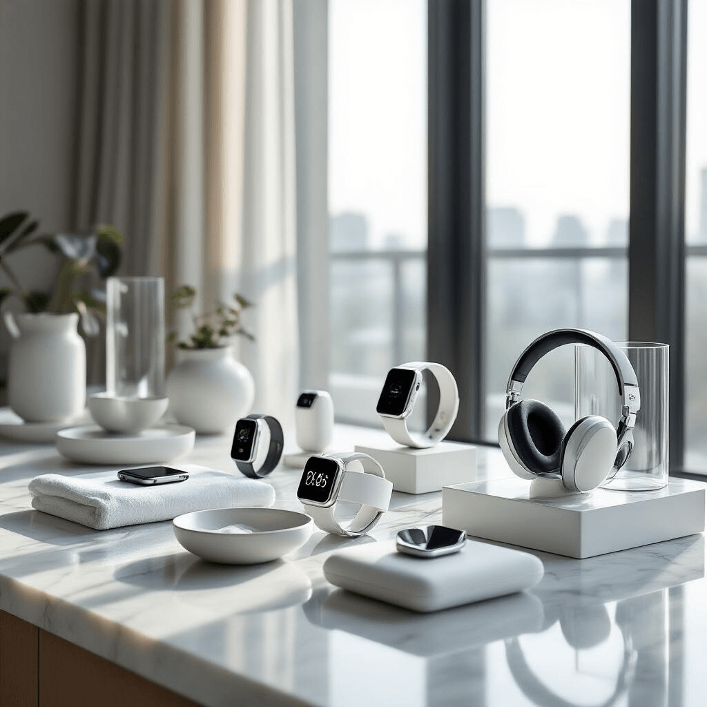 Ultimate Gift Guide for Women in 2025: Thoughtful Presents for Every Personality Modern apartment interior featuring tech gadgets arranged on marble countertops, illuminated by soft morning light through large windows; includes smartwatches, wireless headphones, and chic phone accessories, complemented by clean white linens and silver accents for a minimalist aesthetic.