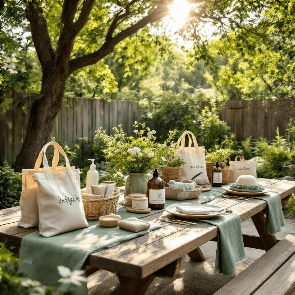 Ultimate Gift Guide for Women in 2025: Thoughtful Presents for Every Personality Stylish backyard picnic setup under midday sun featuring eco-friendly products, monogrammed items, and fresh florals, all displayed on natural wood tables with sage green linens, showcasing sustainable gifts.