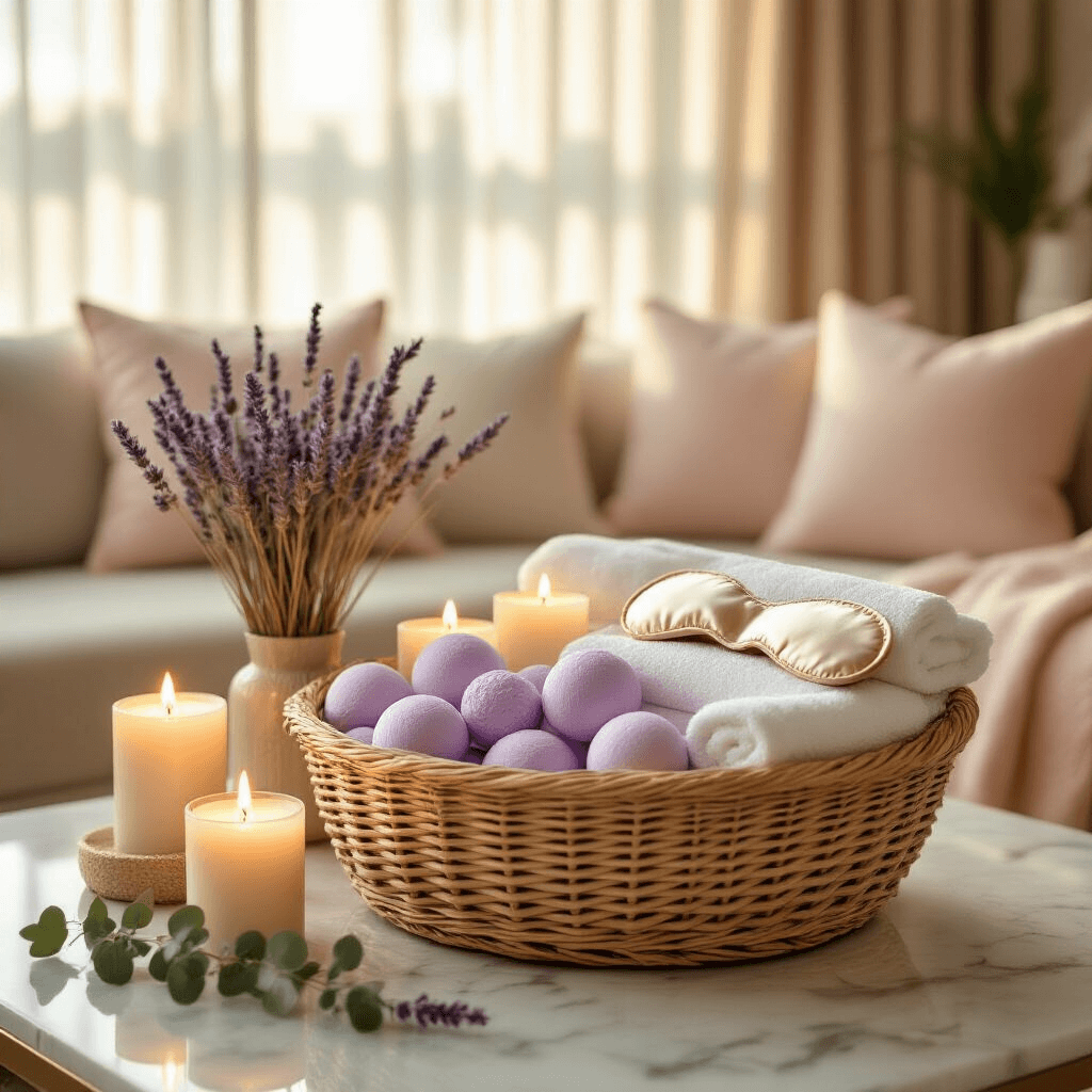 Ultimate Gift Basket Ideas for Women: Thoughtful Presents She'll Love Elegant spa-themed gift presentation in a softly lit modern living room, featuring a luxurious wicker basket filled with lavender bath bombs, flickering candles, silk eye masks, and plush towels, arranged on a marble coffee table, bathed in warm golden sunlight.