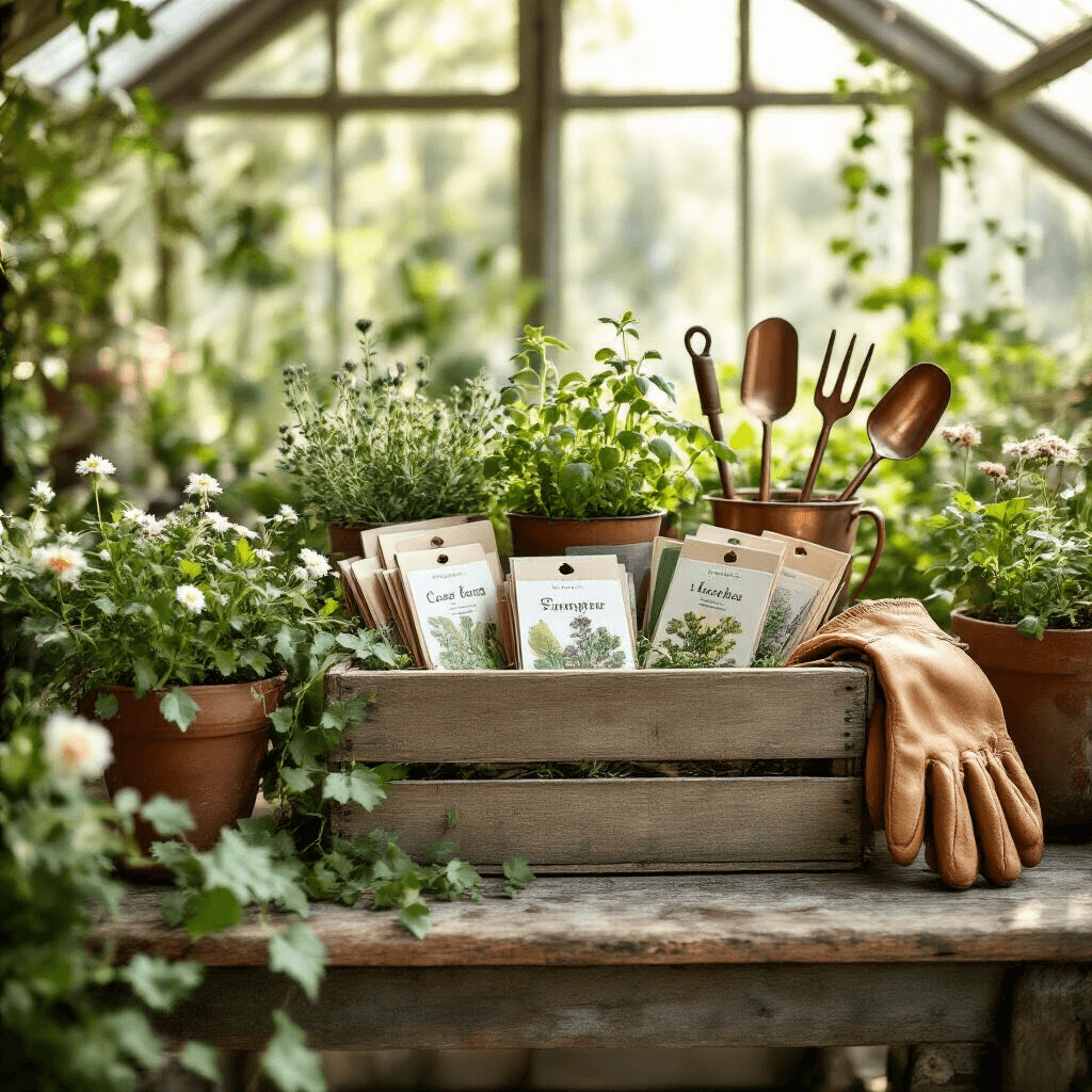 Ultimate Gift Basket Ideas for Women: Thoughtful Presents She'll Love Whimsical gardening gift basket in a sun-drenched greenhouse, featuring a weathered wooden crate filled with seed packets, copper tools, leather gloves, and potted herbs on a vintage potting bench, surrounded by fresh florals and trailing ivy in an earthy palette of sage, cream, and natural wood tones.