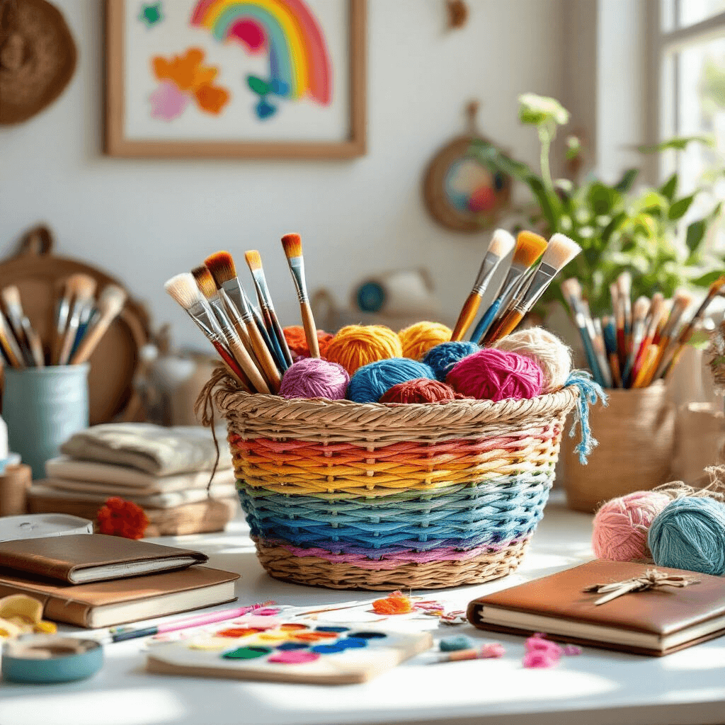 Ultimate Gift Basket Ideas for Women: Thoughtful Presents She'll Love A vibrant artist studio featuring a woven basket overflowing with colorful yarn, quality brushes, and leather journals on a clean white desk, illuminated by midday sunlight. The scene includes a rainbow palette and inspirational wall art, showcasing artistic tools and textures of paper, fabric, and artisan materials.