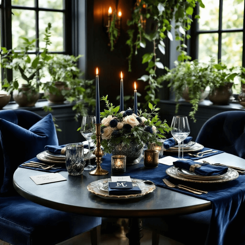 Ultimate Housewarming Gift Guide: Transforming Houses into Homes Intimate dining nook with a small round table set for a housewarming dinner, featuring a luxury home fragrance collection as the centerpiece, monogrammed place settings, artisan glassware, rich velvet and silk textures, brass candlesticks, ceramic serving pieces, and fresh greenery in modern planters, all illuminated by candlelight to create a moody, sophisticated atmosphere.