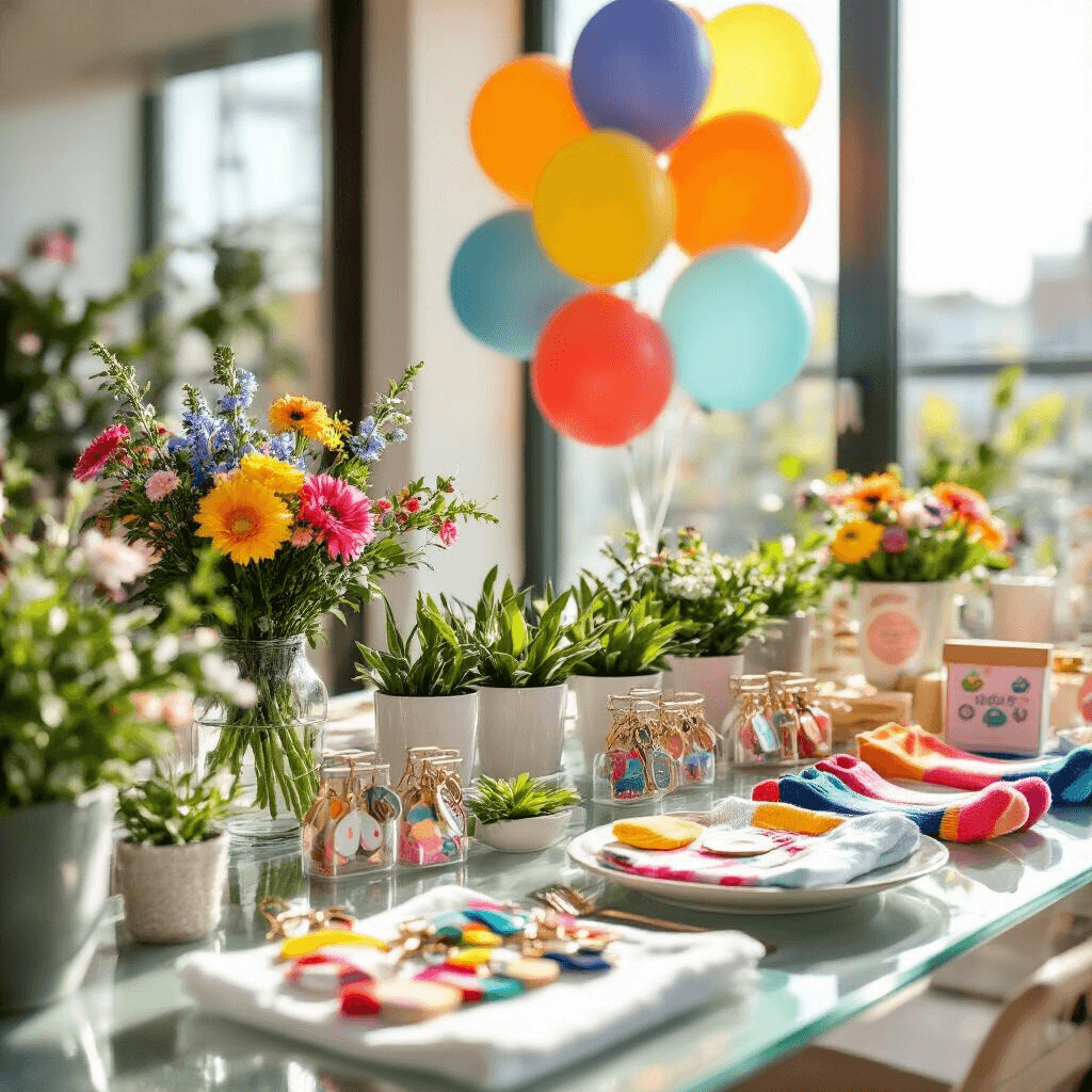 Cute Gift Ideas: The Ultimate Guide to Adorable and Memorable Presents Close-up of a budget-friendly gift party setup in a modern apartment, featuring miniature plant kits, novelty keychains, and funny socks on glass surfaces, illuminated by natural midday sunlight. Fresh florals in bold colors and playful balloon clusters adorn clean white linens.
