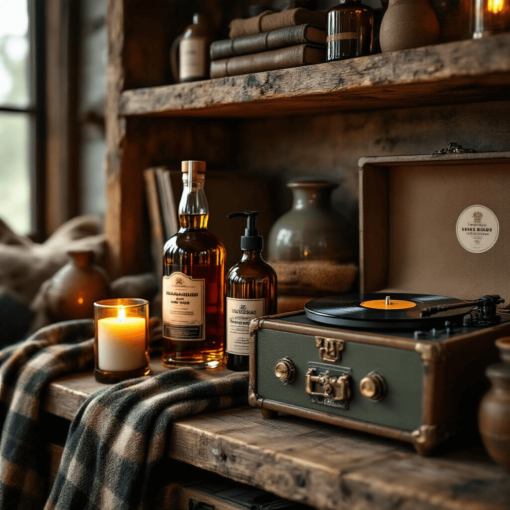 Thoughtful Christmas Gifts for Your Boyfriend: The Ultimate Guide to Winning His Heart in 2025 Close-up of a rustic gift collection in a cozy living room, featuring a whiskey infusion kit, a beard grooming set, and a vintage record player on reclaimed wood shelves, illuminated by warm candlelight and Edison bulbs, with leather textures, amber glass bottles, and green accents.