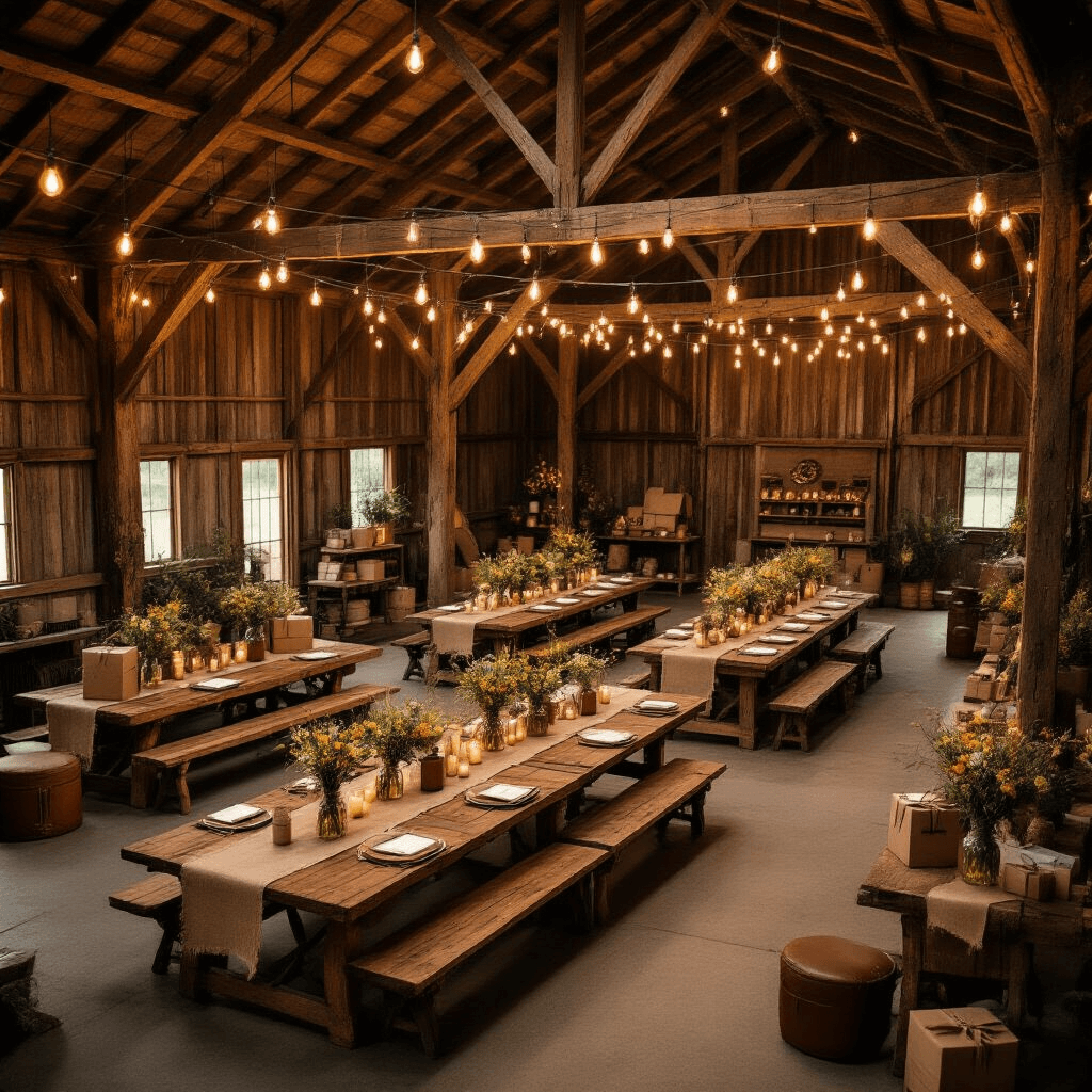 Incredible Birthday Gift Ideas for Your Boyfriend in 2025: The Ultimate Guide Cinematic overhead view of a rustic barn venue at night, featuring candlelight, terracotta and sage decor, long wooden tables with burlap runners and mason jar wildflower centerpieces, gift boxes, warm Edison bulb lighting, vintage leather items, and personalized vignettes on reclaimed wood surfaces.