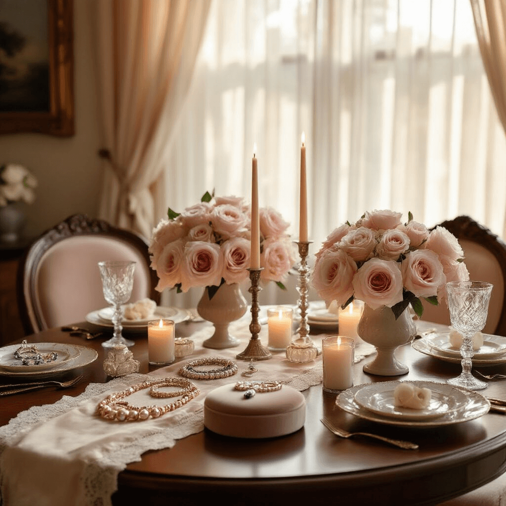 Heartwarming Mother's Day Gift Guide: The Ultimate Treasure Trove of Love and Appreciation Cinematic wide-angle shot of an intimate dining room with a round mahogany table, handcrafted jewelry displays, floral centerpieces, and softly flickering candles, bathed in warm morning light.