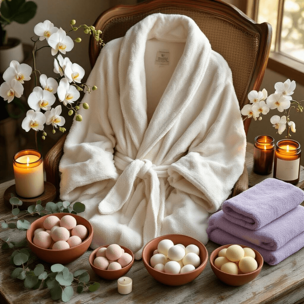 Heartwarming Mother's Day Gift Guide: The Ultimate Treasure Trove of Love and Appreciation Overhead view of a cozy at-home spa setup featuring a plush ivory bathrobe on a vintage wooden chair, artisanal bath bombs in terracotta bowls, scented soy candles in amber glass, and soft lavender towels, with eucalyptus sprigs and white orchids enhancing the serene ambiance during golden hour.