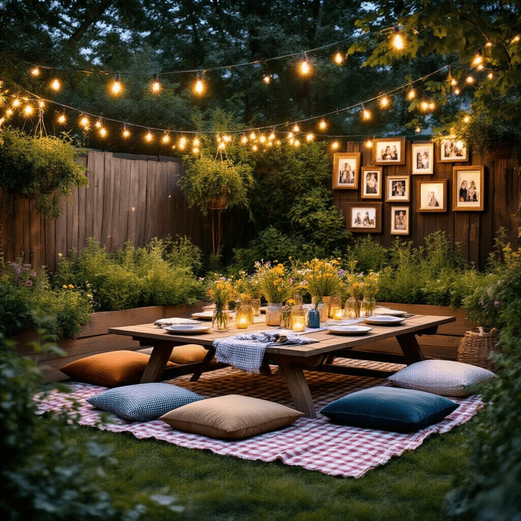 Heartwarming Mother's Day Gift Guide: The Ultimate Treasure Trove of Love and Appreciation A cozy backyard picnic setup with low wooden tables and velvet floor cushions, adorned with string lights and mason jar centerpieces filled with wildflowers, surrounded by herb gardens and DIY photo frames.