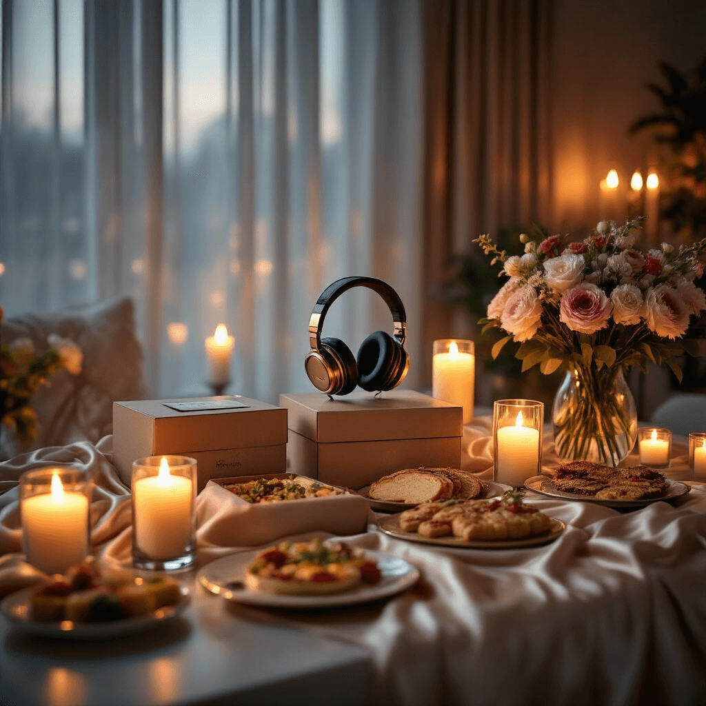 Heartwarming Mother's Day Gift Guide: The Ultimate Treasure Trove of Love and Appreciation Elegant home office set up for a virtual Mother's Day celebration, featuring candlelit ambiance, gourmet food boxes, fresh flowers, and noise-canceling headphones on silk drapes.