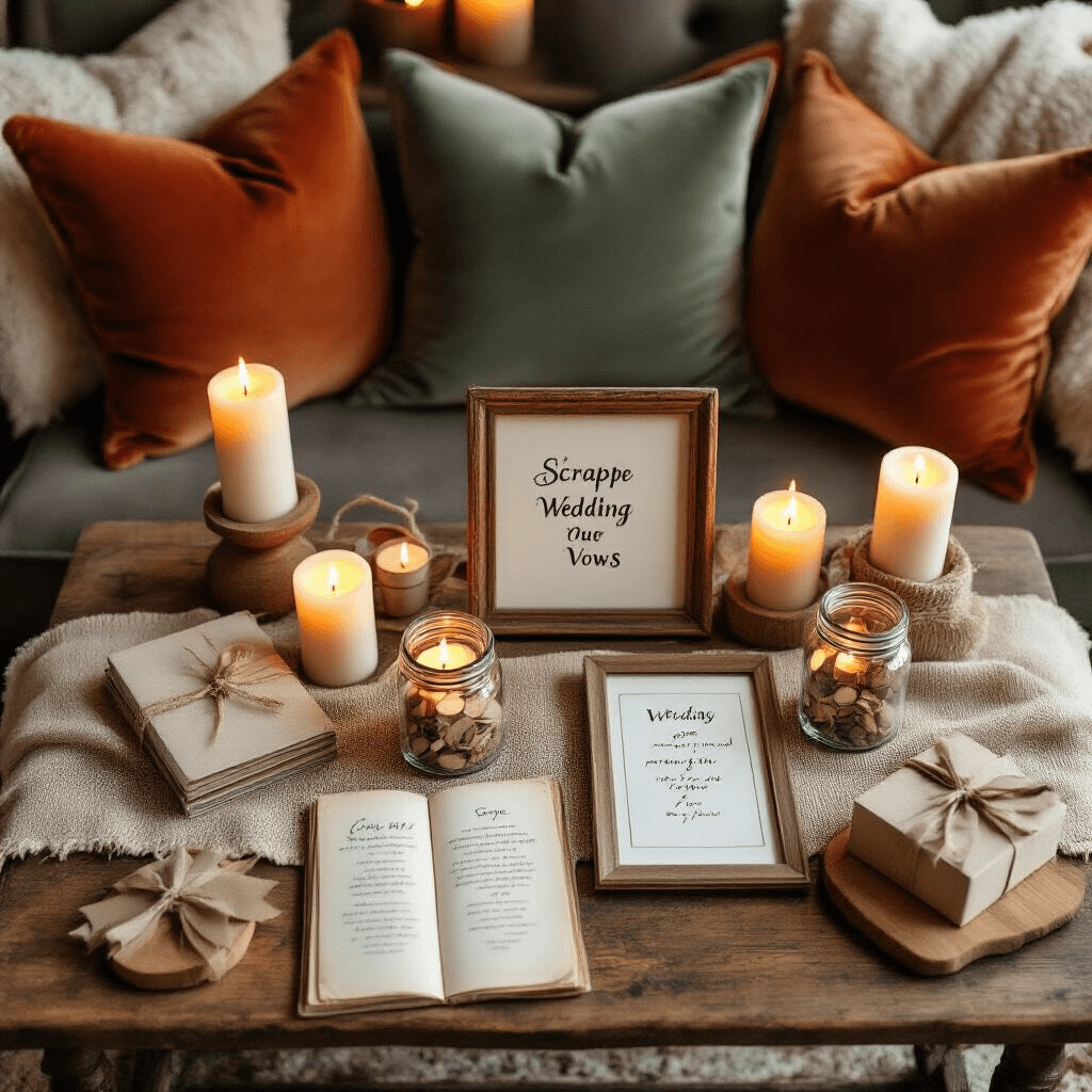 One Year Anniversary Gifts for Him: Celebrating Love and Memories Overhead view of a cozy anniversary living room setup featuring a low wooden table adorned with DIY scrapbooks, framed wedding vows, and memory jars, surrounded by velvet cushions in terracotta and sage, with rustic burlap runners, cream throws, and glowing pillar candles creating a warm ambiance.